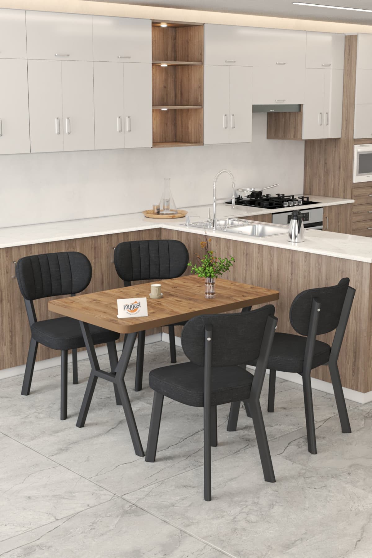Mygusi Gnr 70x110cm Sabit Atlantik Mutfak Masası Takımı, Yemek Masası, 4 Modern Siyah Sandalye